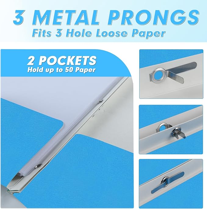 Two Pocket Folders, PANDRI 60 Pack Two Pocket Folders with Prongs, 3 Prong Folders Designed for Office and Classroom, Letter Size Lightblue