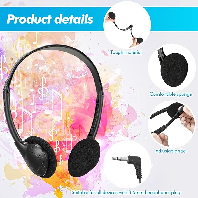 Xuhal 200 Pack Kids Headphones Bulk Classroom Headphones for Student with 3.5 mm Plug Wired On Ear for Church Christian Sunday School Library Children Teens Boys Girls Adults(Black)