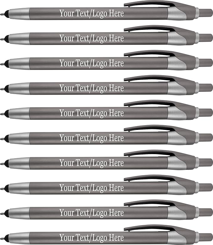 Personalized With your Custom Logo or Text Pens-Pack of 450- for Marketing, Parties, and Events, 2 in 1 Capacitive Stylus & Ballpoint Pen Compatible With Touchscreen Devices, Black Ink, Grey Pens