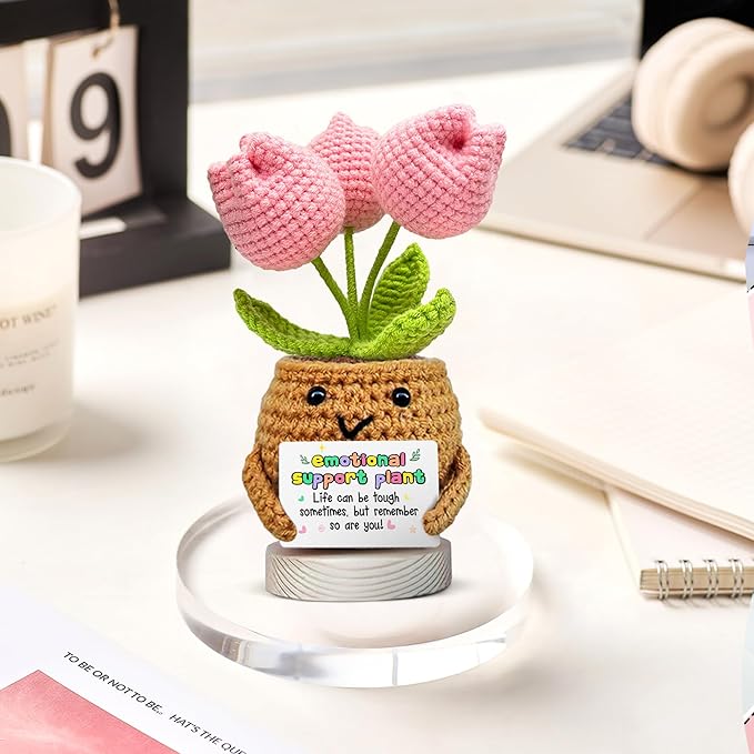 Gossby Handmade Positive Tulip Flower - Emotional Support Crochet Gift for Women - Inspirational, Mental Health, Mothers Day, Birthday Gift for Mom, Sister, Friend, Coworker - Crochet Doll with Card
