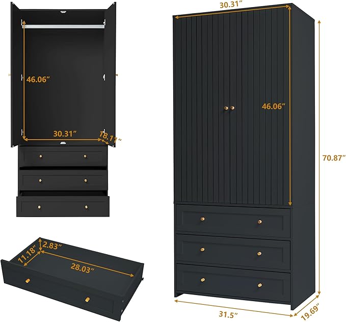 71" Wardrobe Closet Armoire, Wardrobe Armoire Wooden with 2 Doors, 3 Drawers Household Freestanding Wooden Closet Storage Cabinet for Bedroom (Black)