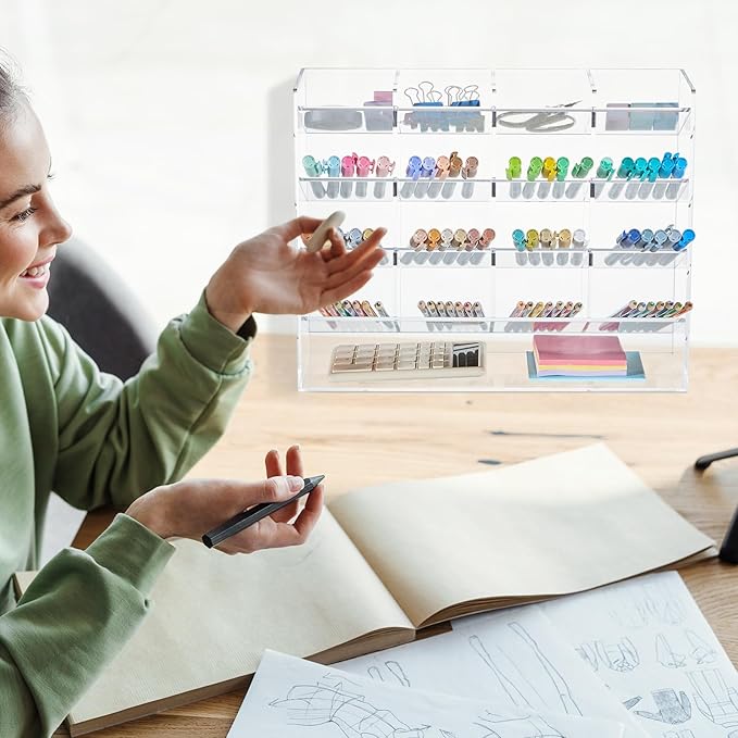 Acrylic Pen Organizer Storage for 200 Marker Vertical Marker Organizer Acrylic Pen Display Holder for Office Desk Desktop Stationery Pencil Storage, Clear, 13 x 5 x 10.2 Inch