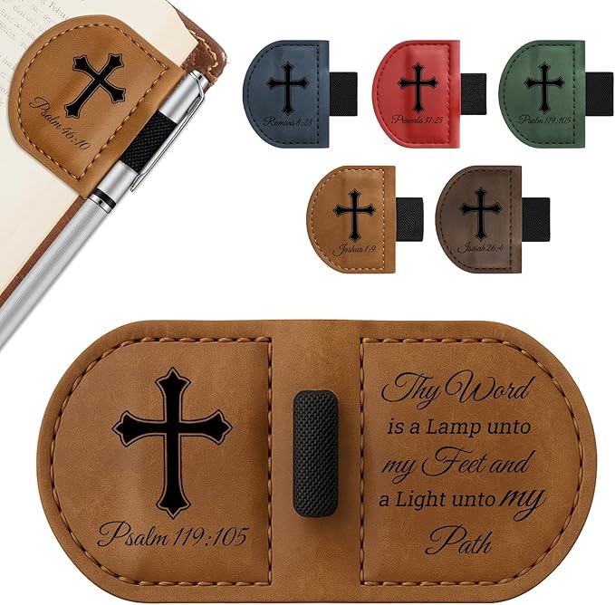 Bygone Mark Personalized Magnetic Leather Bookmark with Pen Holder - Inspirational Bible Verse Scripture Design, Custom Book Marker for Book Lovers Men Women (Brown-Psalm 119：105)