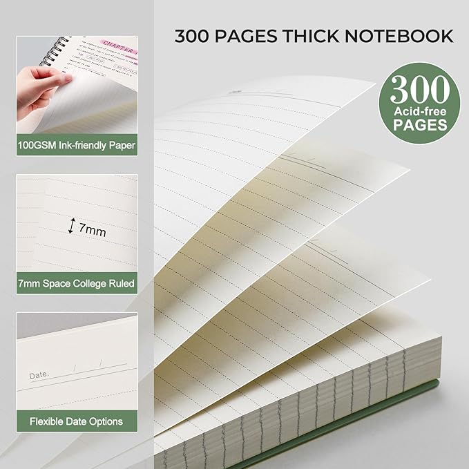 AHGXG Spiral Notebook College Ruled - Spiral Journal Perforated Notebook A4 8.5" x 11", 300 Pages Easy Tear Perforated Pages, 100GSM Thick Paper, Plastic Hardcover, for Writing Work School, Green