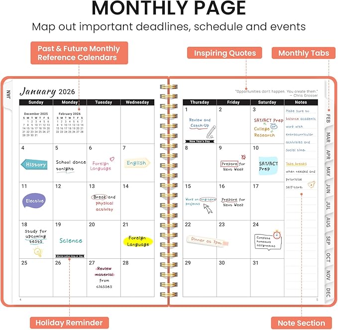 2026 Planner, Weekly and Monthly Calendar Planner, January 2026 - December 2026, Hardcover 2026 Calendar Planner Book with Tabs For Women & Men, Inner Pocket, Spiral Bound, Perfect for Office Home School Supplies - A4 (8.5" x 11"), Coral