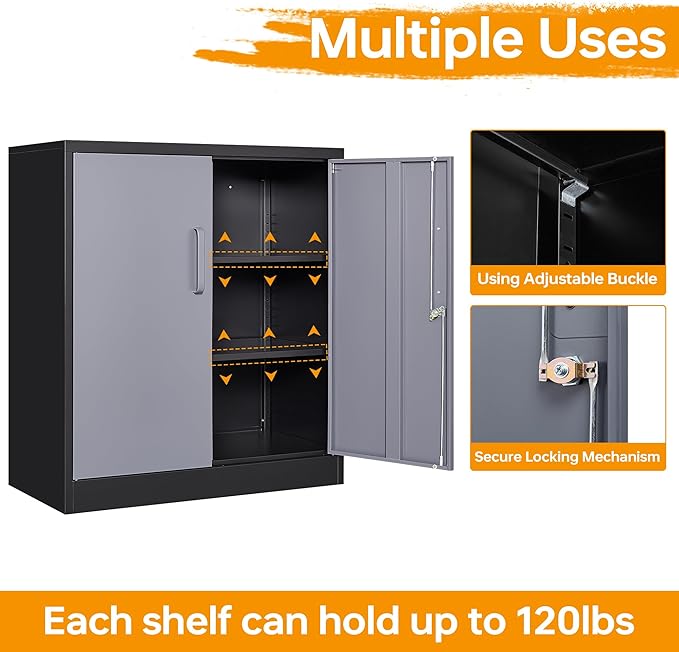 STANI Metal Storage Cabinet with 2 Adjustable Shelves Steel Counter Cabinet with Lockable Doors for Home Office