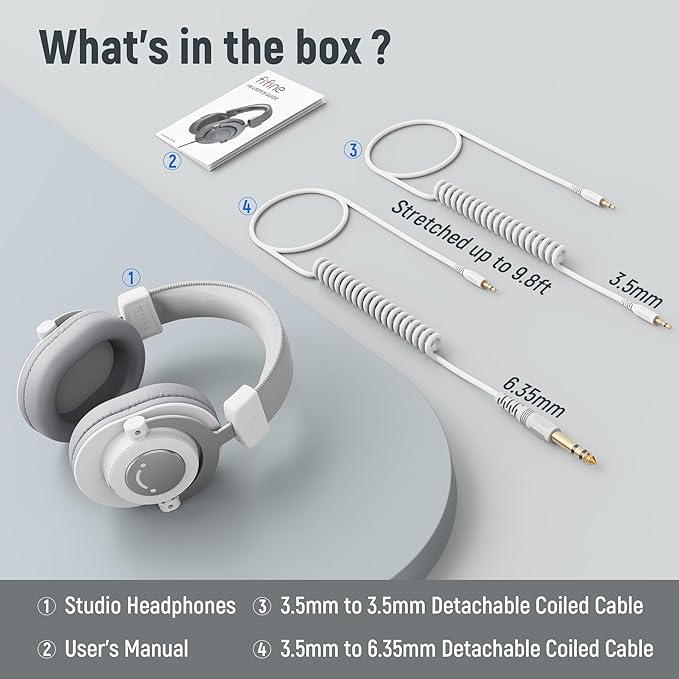 FIFINE Studio Monitor Headphones, Wired Over-Ear Computer Headphones with 3.5mm to 6.35mm Jack for Mixer/Amplifier/PC, Closed-Back Headset with Flexible Headband for Music Vocal Recording-H8 White