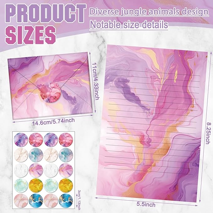 TaoBary 160 Pcs Stationery Paper Set 50 Double Sided Stationery Papers with 50 Matching Envelopes and 60 Round Dot Sticker, 10 Design(Marble,5.5 x 8.25 Inch)