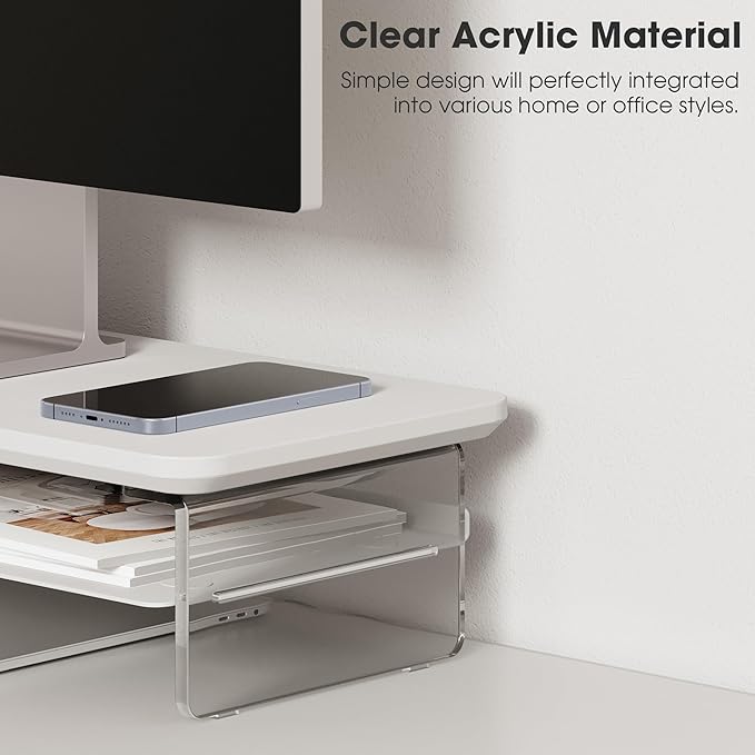 Fenge Acrylic Monitor Stand Riser, 23.6 Inches Monitor Stand with Metal Storage, 2 Tier Acrylic Computer Riser for Desk, Clear Laptop Stand for PC, Laptop, Printer, TV, White