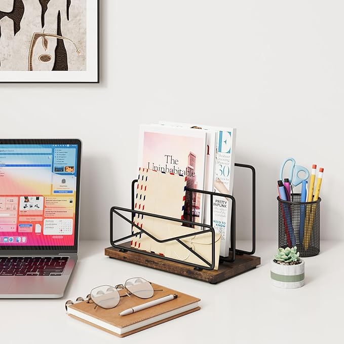 Desk Mail Organizer-with 2 Slot Matte Black Metal Desktop Mail Sorter Metal Storage File Holder Letter Sorter Organizer for Home or Office Desktop