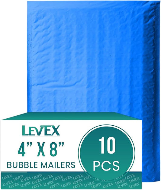 Levex - #000 4" x 8" [10 Pack] Blue Poly Bubble Mailers, Padded Envelope Mailers, Packing Envelope & Mailing Bags for Shipping