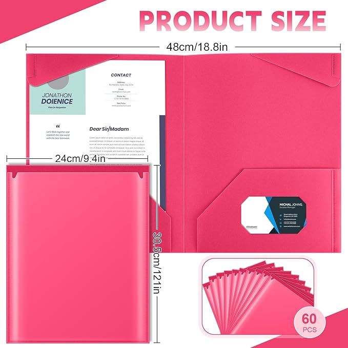 Henoyso 60 Pcs Plastic Folders with Clear Front Pockets Heavy Duty File Folders with 2 Pockets and Card Slot for Student Communication School Office Presentation Report (Hot Pink)