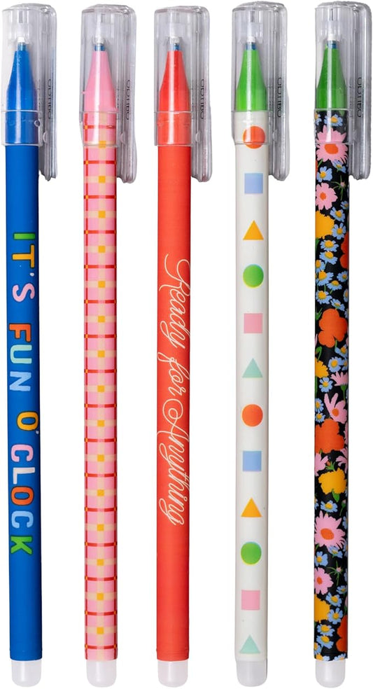 ban.do Erasable Pens with Caps and Clips, Cute Black Ink Pen with Eraser for Journaling/Work, Set of 5 Eraser Pens, Assorted