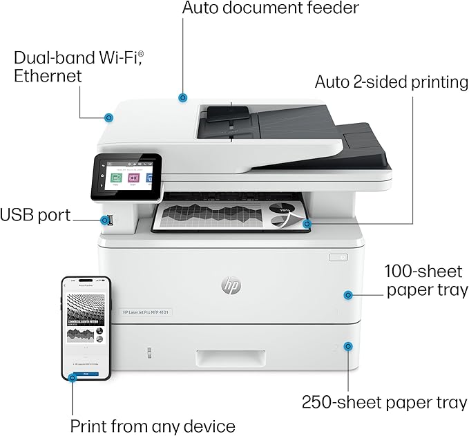 HP LaserJet Pro MFP 4101fdw Wireless Black & White All-in-One Laser Printer, Scanner, Copier, Fax, Best-for-Office (2Z619F)