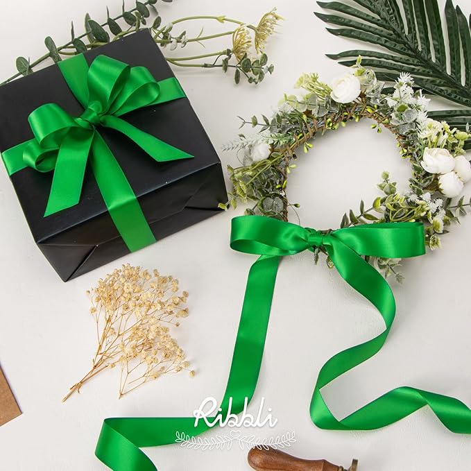 Ribbli Emerald Green Double Faced Satin Ribbon,1” x Continuous 25 Yards,Use for Bows Bouquet,Gift Wrapping,Wedding Decoration