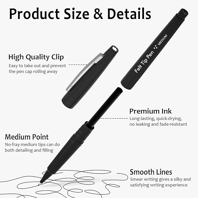 Lelix Felt Tip Pens, 60 Black Pack, 0.7mm Medium Point, Felt Tip Markers Pens for Journaling, Writing, Note Taking, Planner, Perfect for School Office and Art Supplies