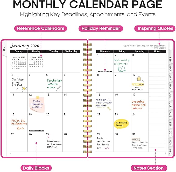2026 Planner, Weekly and Monthly Calender Planner, Jan 2026 to Dec 2026, Hardcover 2026 Calendar Planner Book with Tabs & Inner Pocket, Office Home School Supplies for Women & Men - A4 (8.5" x 11"), Fuchsia Pink
