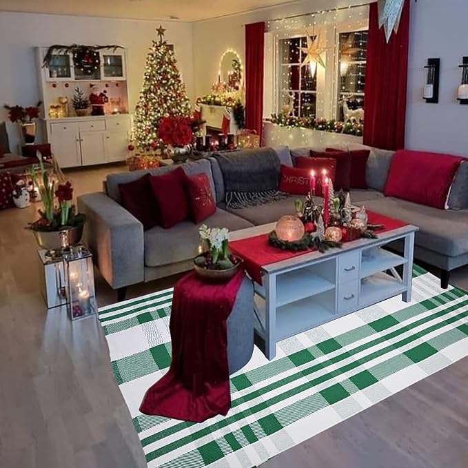 Christmas Door Mat Outdoor 4' x 6' Green and White Plaid Rug Christmas Decor Rug Cotton Hand-Woven Layered Door Mats Washable Carpet for Front Porch, Kitchen, Farmhouse, Entryway