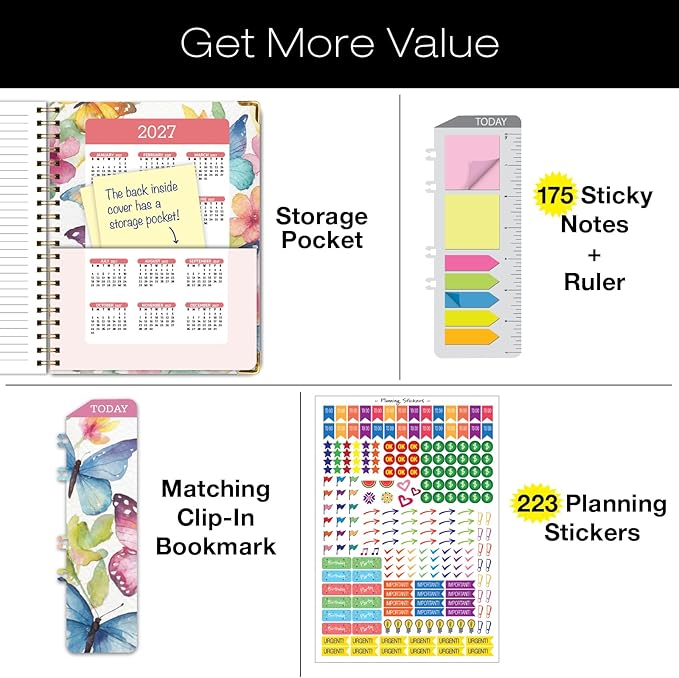 HARDCOVER 2026 Planner, 8.5"x11": 14 Months (November 2025 - December 2026), Daily Weekly Monthly Planner, Yearly Agenda, Bookmark, Pocket Folder and Sticky Note Set (Watercolor Butterflies)