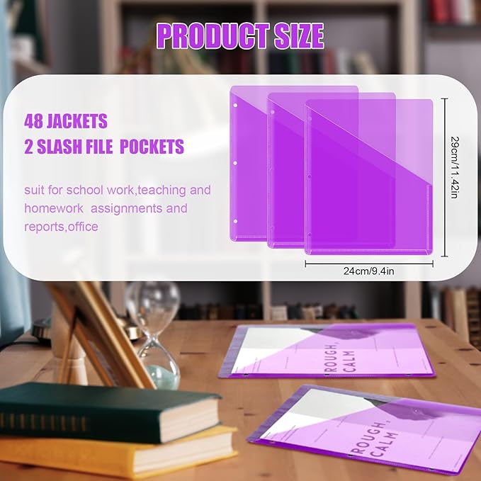 Seajan 48 Pcs Pocket Folders for 3 Ring Binder Clear Plastic Folders Sleeves with 2 Pockets 3 Hole Punch Binder Dividers Poly Slash File Jackets for Office School Document Organizer (Purple)