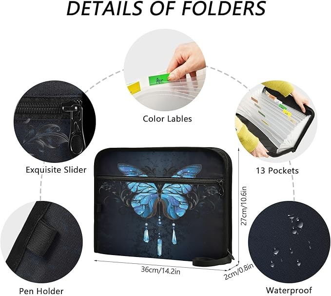 Expanding File Folder,13 Pocket Accordion File Folders Document Organizer Holder with Color Labels, Zipper Closure Waterproof for Letter A4 Size Paper,Document,Morpho Butterfly Blue