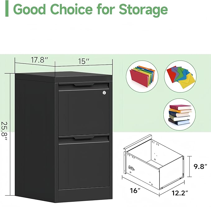 2-Drawer File Cabinet with Lock,Metal Vertical Filing Cabinets for Home Office,Under Desk File Cabinets for Letter/Legal/A4 Size Files,Easy Assemble,Black