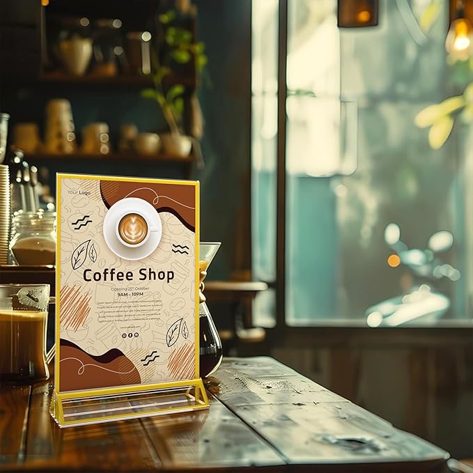 5 x 7 Acrylic Sign Holder - Double Sided Gold Picture Frame - Tabletop Display Menu Stand - Clear Plastic T Shape Vertical Paper Holders - 6 Pack