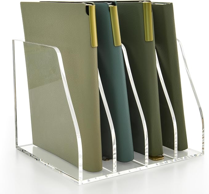 Acrylic Magazine File Holder, 4 Vertical Compartments Desk Document Sorter Organizer, Clear Folder Rack Binder for Office/Home/Classroom, for Documents, Tablet, Magazines, Books & Accessories