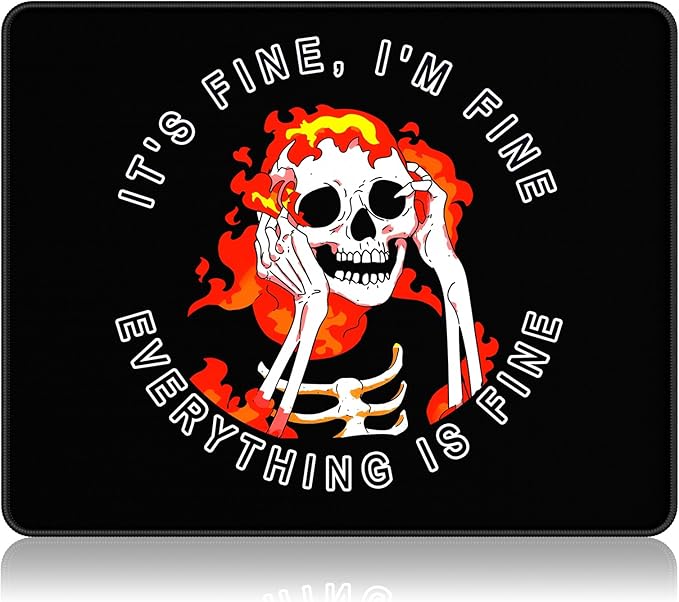 Auhoahsil Mouse Pad, 12 x 10 in Cute Skull Theme Computer Mouse Pad for Desk, Premium-Textured Non-Slip Rubber Stitched Edges Waterproof Square Mouse Mat for Gaming Work Wireless Mice, I am fine