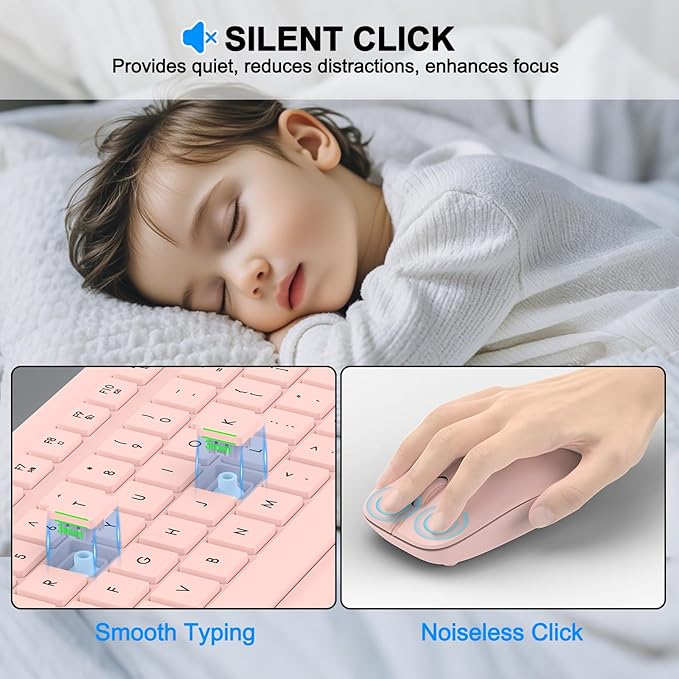 Wireless Keyboard and Mouse Combo, Full Size Silent Ergonomic Keyboard and Mouse, Long Battery Life, Optical Mouse, 2.4G Lag-Free Cordless Mice Keyboard for Computer, Mac, Laptop, PC, Windows(Pink)