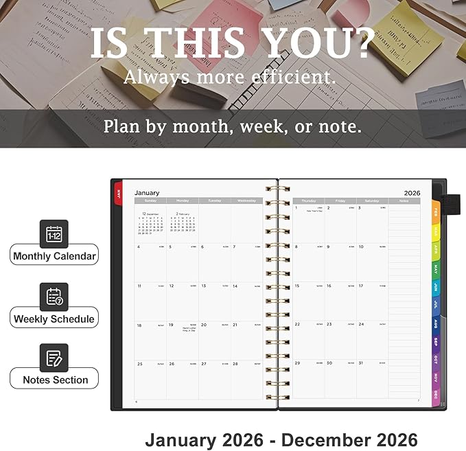 EMSHOI 2026 Planner - Weekly and Monthly Calendar (Jan-Dec), A5 (5.7"x8.3") Hardcover, 100GSM Thick Paper, PVC Cover, Inner Pocket, Colorful Tabs, Note Pages for Work School Home, Black