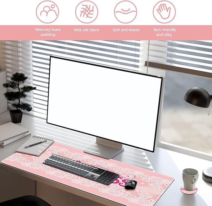 DINKY Pink Mouse Pad with Wrist Rest, Desk Pad for Keyboard and Mouse, Ergonomic Mousepad Set, Keyboard Wrist Rest with Coaster, Desk Mat Combo for Office Home, Pink Princess