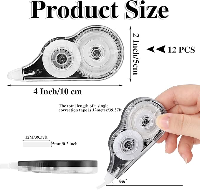 BESARME 12 Pack Correction Tapes, 39 Feet Each Correction Tape Roller Correction Tape Pen for Students Office Supplies, 1/5 X 472 Inches