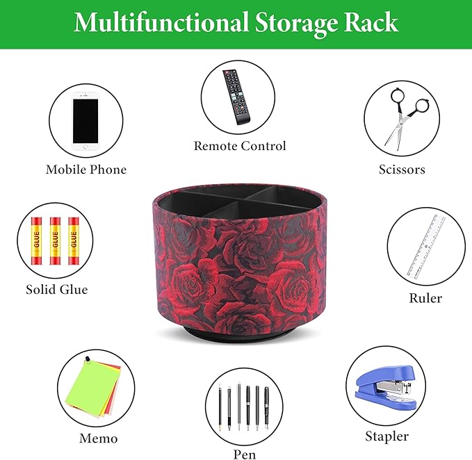 QIELIZI Round Leather Art Supply Organizer,Remote Control Holder,360 Degree Rotating,Multi-Functional Pencil Holder,4 Compartments Desktop Stationary Organizer(1-3D Rose Red)