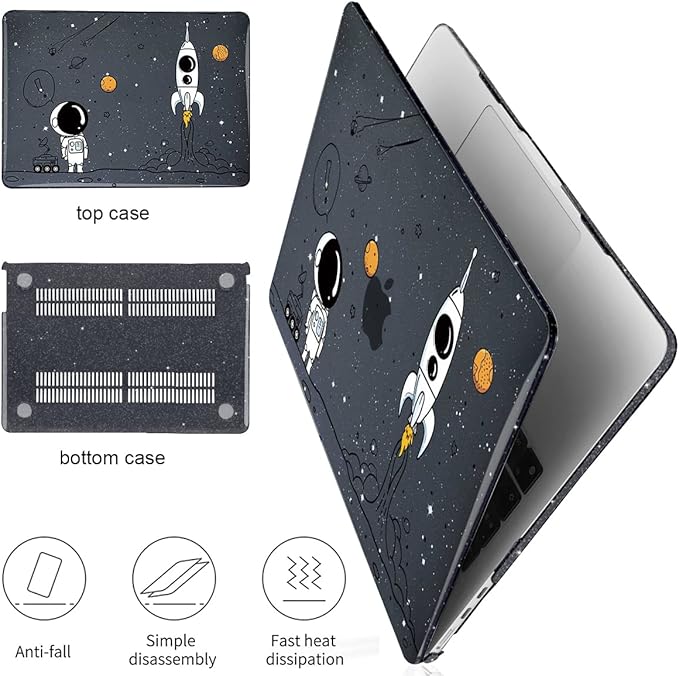 for 2025 MacBook Air 13.6 Inch Case M4 A3240 M3 A3113 M2 A2681 2022 2023 2024 Release, Glitter Black Printed Plastic Hard Shell Case for Mac Air M4 Chip Touch ID, Astronauts & Spacecraft