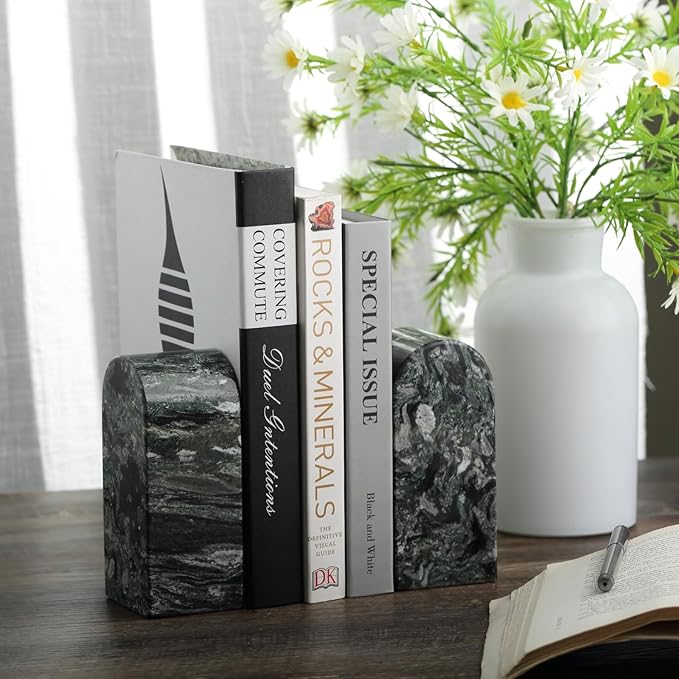 Koville Natural Marble Bookends for Shelves, Decorative Book Ends, 7lbs Heavy-Duty Marble Book Holders, Bookshelf Apartment Decor for Normal Books/CD/Video Games(Olive Green)