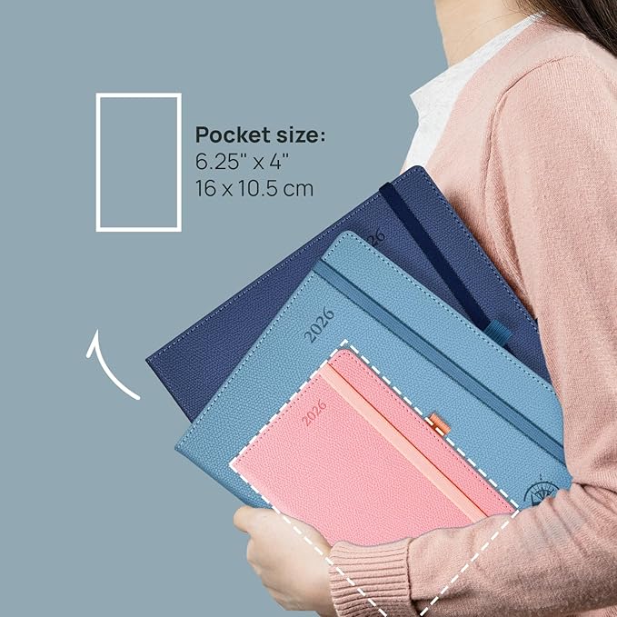 POPRUN 2026 Weekly & Monthly Planner Calendar,Pocket 4'' x 6.25'', Horizontal Layout with Lined Sections, Jan. 2026 - Dec. 2026, Leather Hardcover, 100GSM Paper, Inner Pocket - Navy Blue