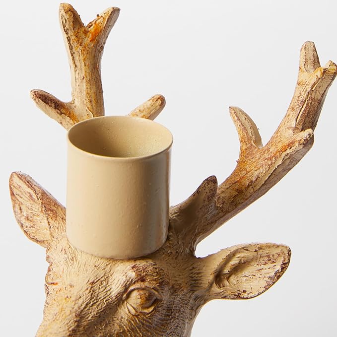 DN DECONATION Christmas Candle Holders Set of 4 – Reindeer Taper Candle Holders in Rustic Wood Color, Deer Head Candlestick Holders Holiday Tabletop Decor for Living Room, Fireplace, Party & Gift