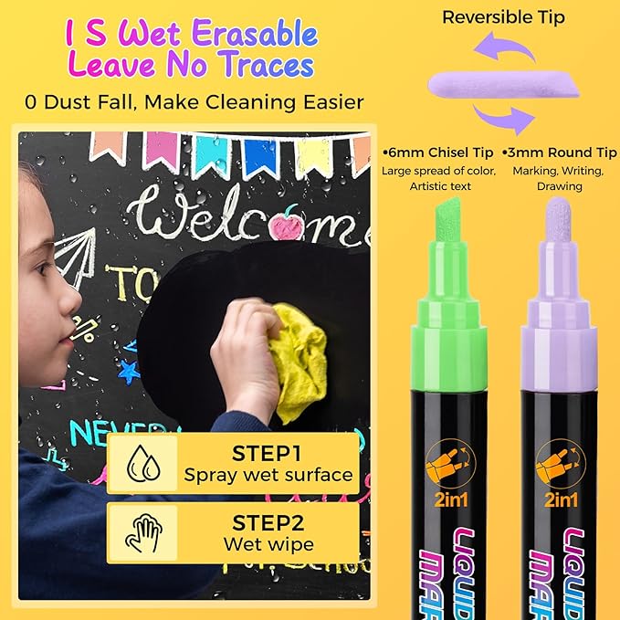 SFAIH 10 Pastel Liquid Chalk Markers [1s Wet Wipe] - No Residue, 6mm Chalkboard Markers for Blackboard, Calendar, Windows, Glass, Zero Dust, Non-Toxic, Chalk for Kids, School Teacher Must Haves
