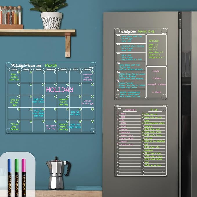 Clear Non-Magnetic Calendar Set for Fridge - Dry Erase Transparent Monthly, Weekly Calendar and List Board - Sticks to Wall, Glass, Door, Any Smooth Surfaces