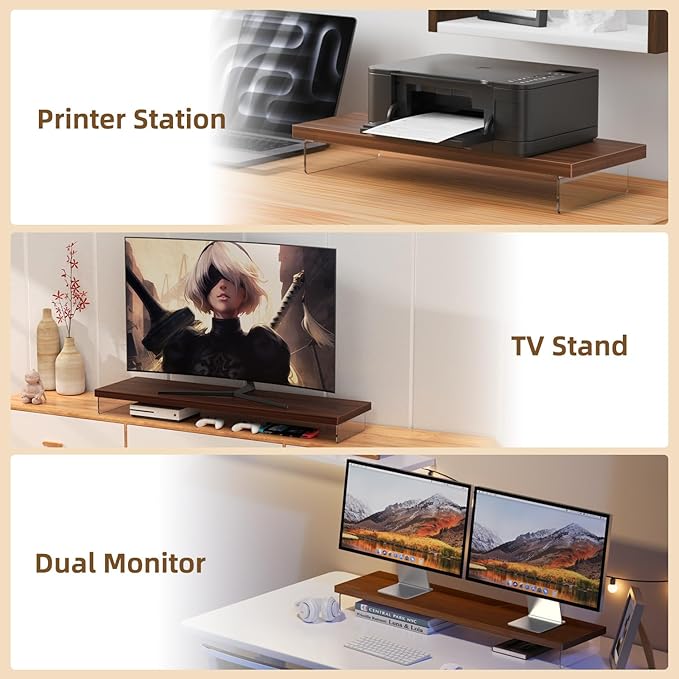 Monitor Stand Riser, Wood & Acrylic Computer Monitor Stand Desk Desktop Organizer Table for Home, Office Workspace, Laptop Riser, Printer, PC & TV Screen Riser