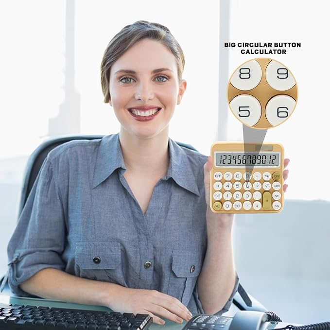 White Calculator, UPIHO Beige Standard Calculator 12 Digit with Large LCD Display and Big Buttons, White Gold Office Accessories for Women Desk, Supplies for Office, School, Home, Business