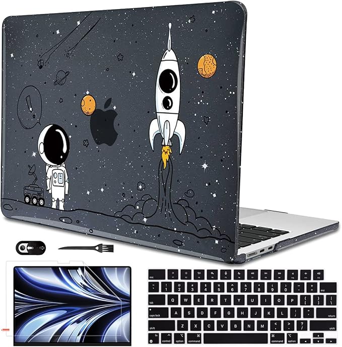 for 2025 MacBook Air 13.6 Inch Case M4 A3240 M3 A3113 M2 A2681 2022 2023 2024 Release, Glitter Black Printed Plastic Hard Shell Case for Mac Air M4 Chip Touch ID, Astronauts & Spacecraft