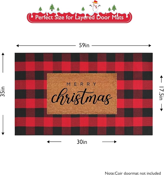 Christmas Door Mat Outdoor 35"x59", Red/Black Buffalo Plaid Front Porch Rug Cotton Hand-Woven Washable Layered Door Mats,Reversible Checkered Floor Rugs for Home Decor Outside