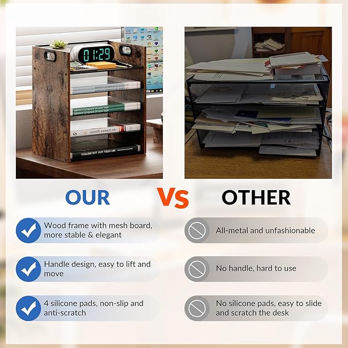 5 Tier Wood Paper Organizer for Desk, Metal Office Organizer and Accessories with Handle, Mesh File Holder for Desk, File Cabinets for Home Office, School