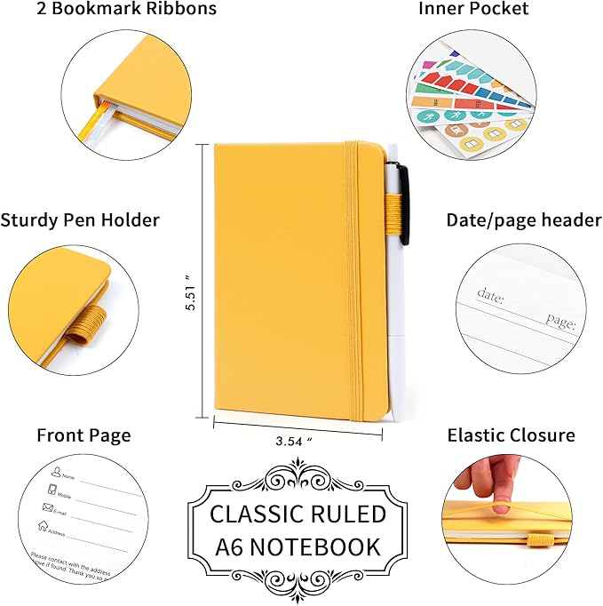 feela 6 Pack Pocket Mini Notebooks Bulk, Small Cute Memo Notepads Hardcover College Ruled Lined Journals with Pen Holder for School Business Work, with 6 Black Pens, 3.5”x 5.5”, A6, Yellow