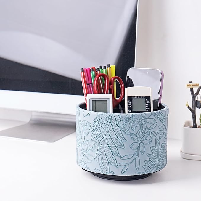 Hennaja Round Leather Art Supply Organizer,Remote Control Holder,360 Degree Spinning,Multi-Functional Pencil Holder,4 Compartments Desktop Stationary Organizer(1-Carved Light Blue)