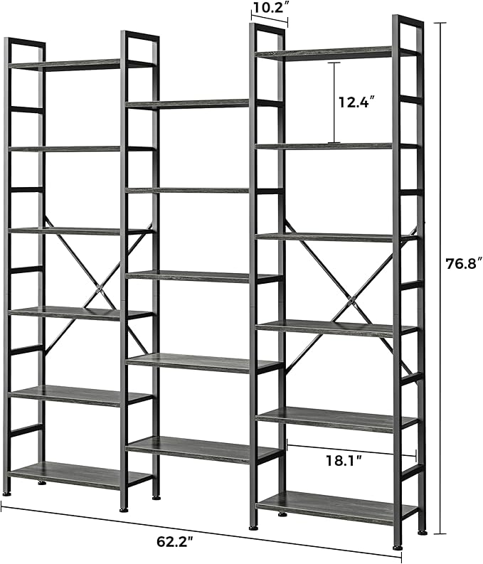 SUPERJARE Triple 6 Tier Bookshelf, Bookcase with 17 Open Display Shelves, Wide Book Shelf Book Case for Home & Office, Grey