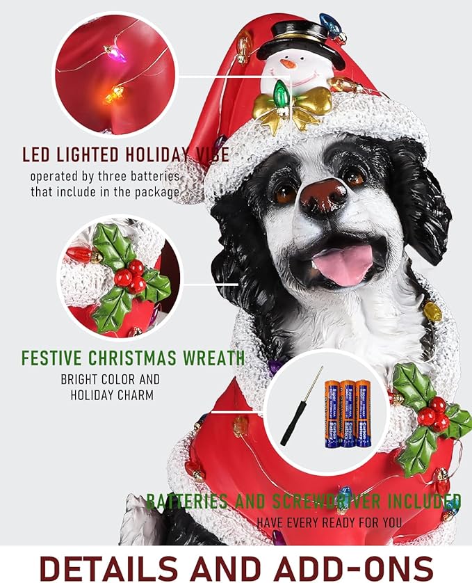 Christmas Outdoor Decoration Dog Statue, LED Light Cute Springer Spaniel Dog Sculpture with Santa Outfit & Lights for Garden and Yard, Indoor Holiday Décor Gift for mom and dad