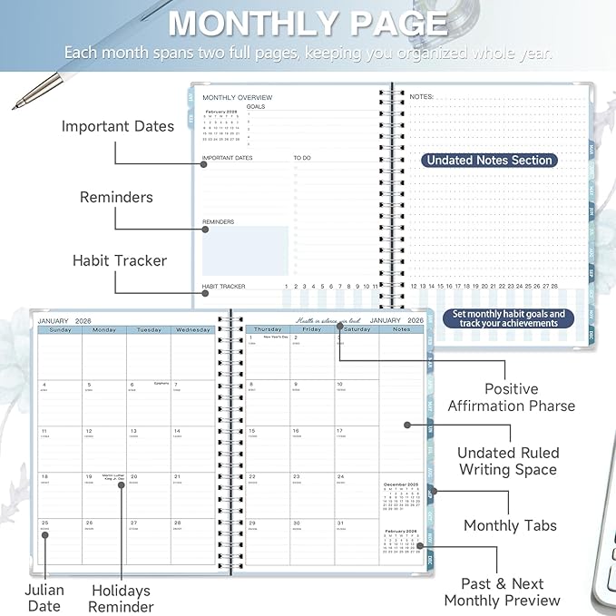 GuassLee Large 2026 Planner, Weekly and Monthly Planner from January 2026-December 2026, 8.5"x 11" Calendar Agenda Book with Back Pocket, Stickers for Home Office School Supplies, A4 Size, Sky Blue